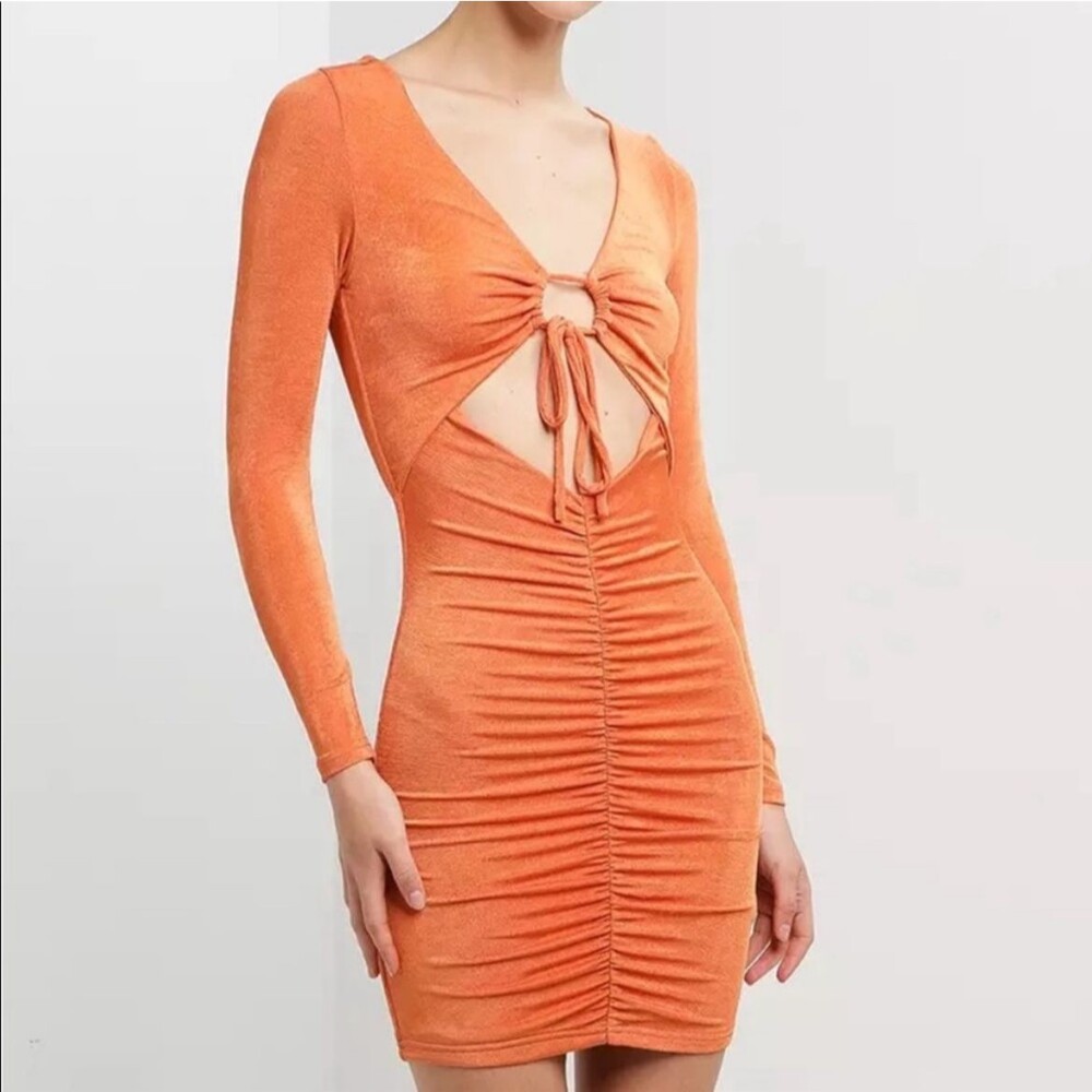 PepperMayo Cora Mini Dress Long Sleeve Bodycon Cut Outs Ruched Ring Tie Orange 4